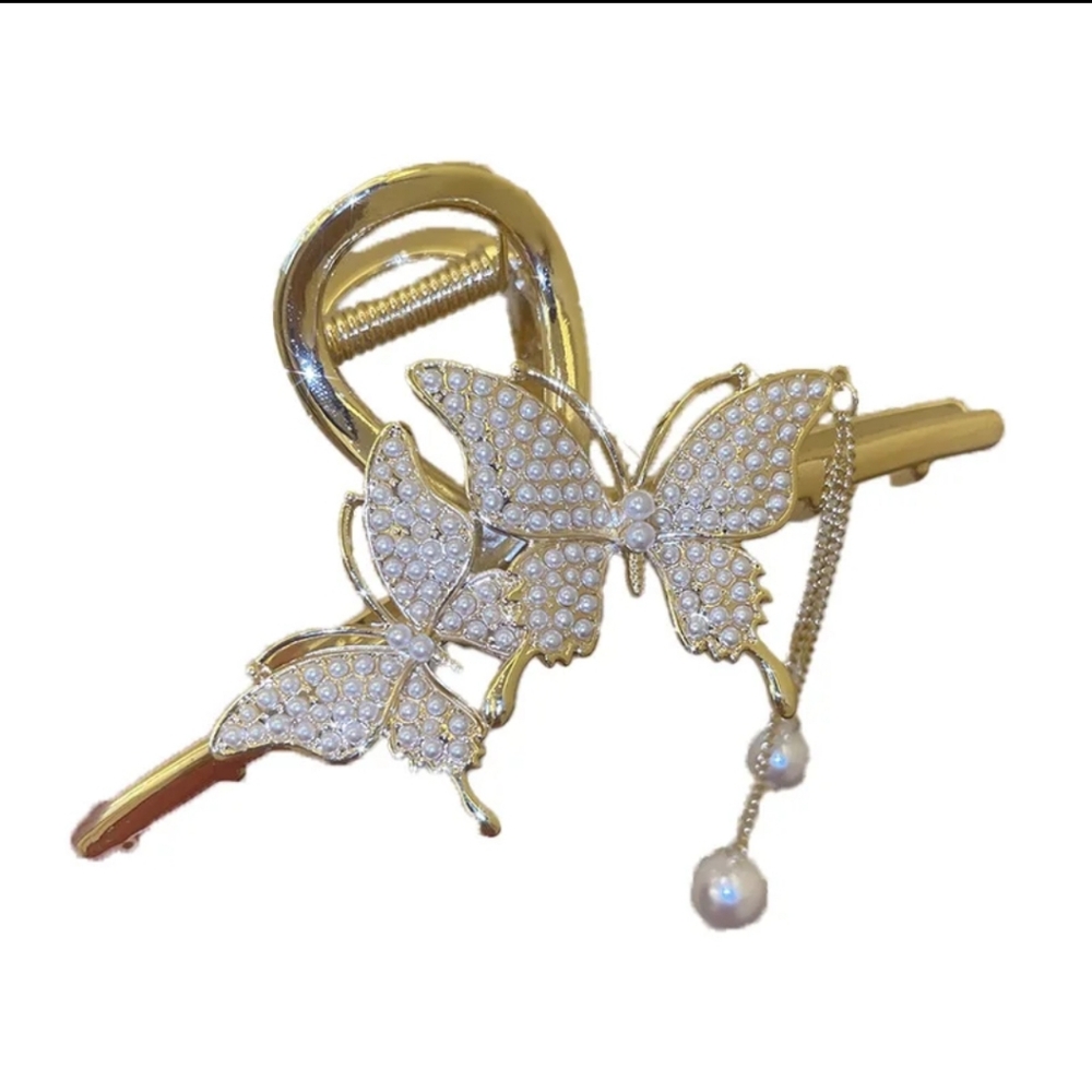 Butterfly Large Retro Metal Hair Clip, Pearl Geometric Claw Clips,